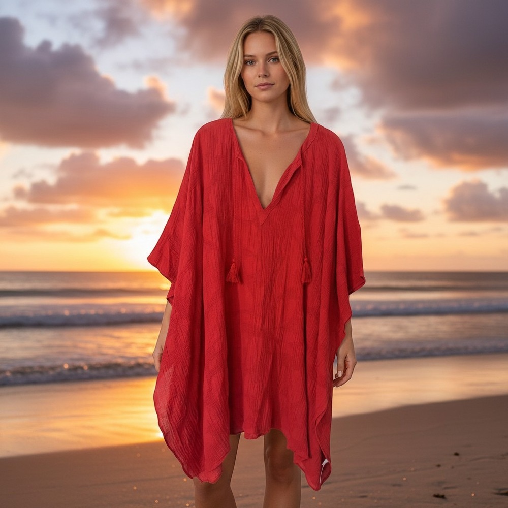 Banana Republic Oversized Red Cotton Gauze Cover Up Tassel M/L 805924 NEW